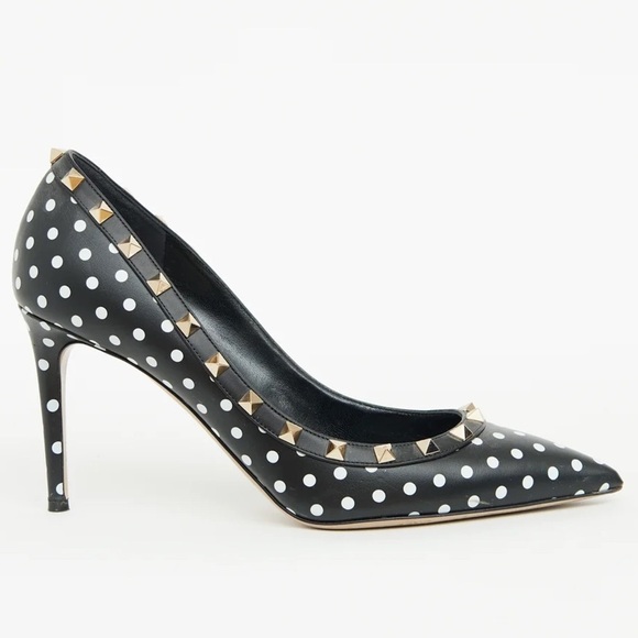 Valentino Rockstud Studded Polkadot Pointed Toe Black Leather Pump Heels - Picture 2 of 5